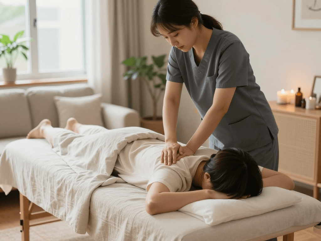 신촌출장안마 service in a tranquil home setting with a professional massage therapist providing relaxation therapy.