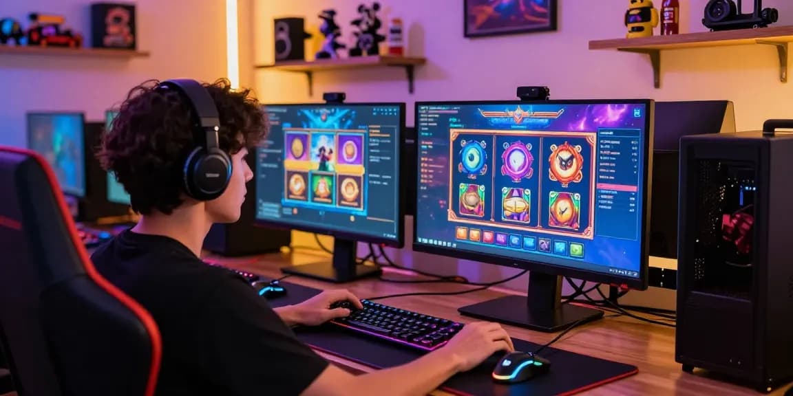 situs judi slot online terpercaya player seated at a stylish gaming setup, colorful slot games displayed on screen, showcasing an engaging gaming atmosphere.