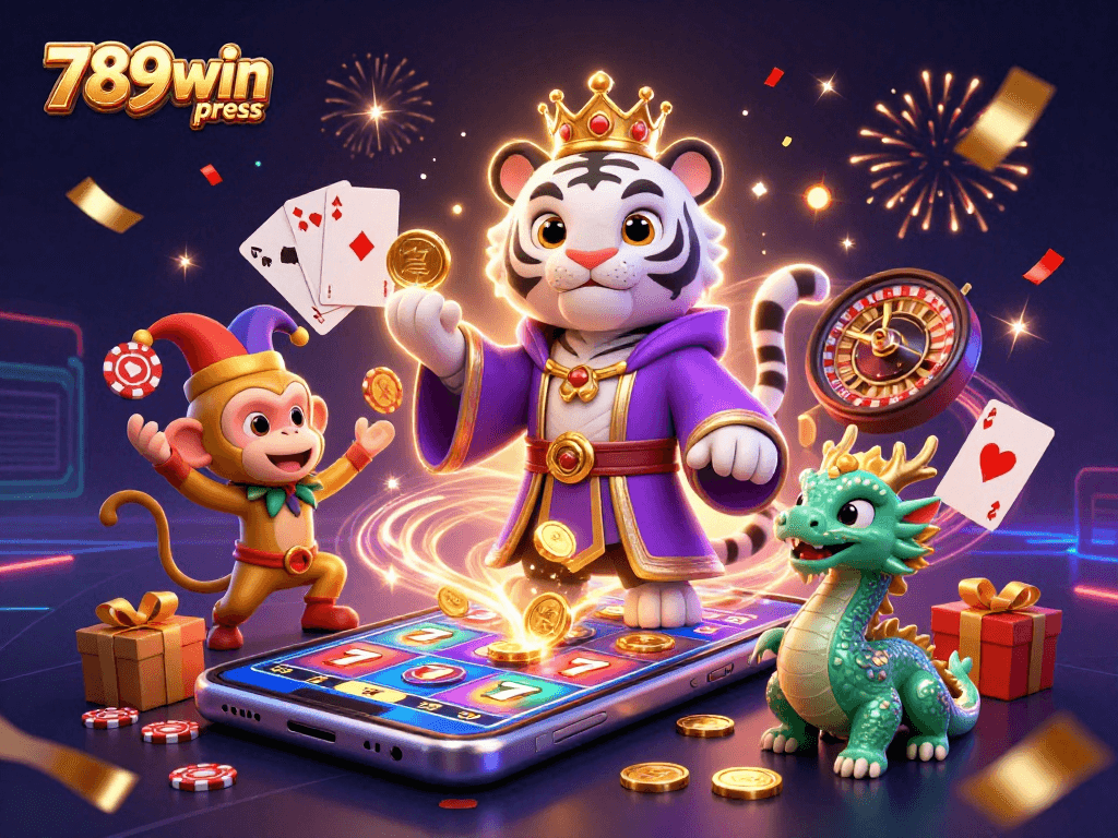 Engage in winning slots with the 789win press artwork featuring a whimsical casino scene.