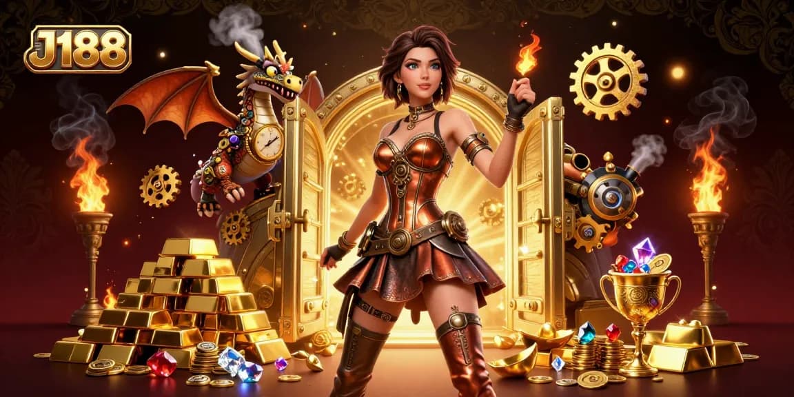 Experience the thrill of winning big with J188's vibrant 3D casino illustration featuring gleaming treasures and dynamic characters.