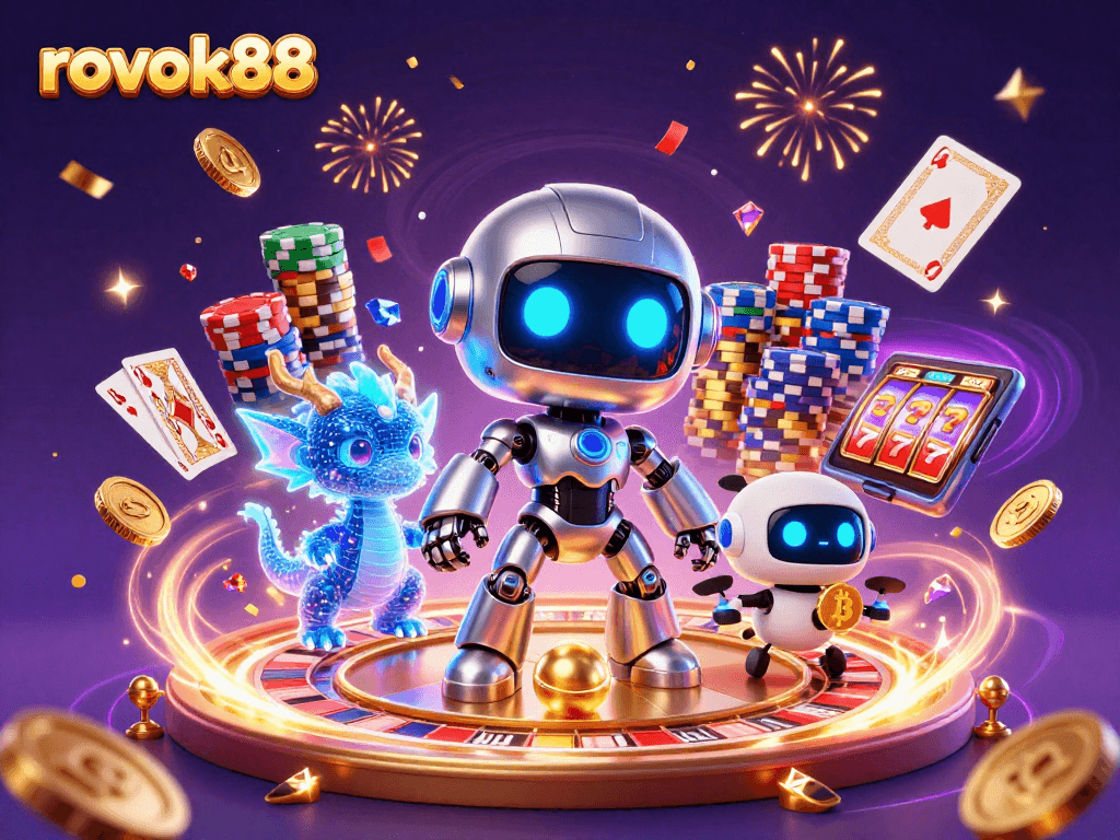 Spin the excitement with rokok88, featuring a vibrant holographic casino scene filled with action!