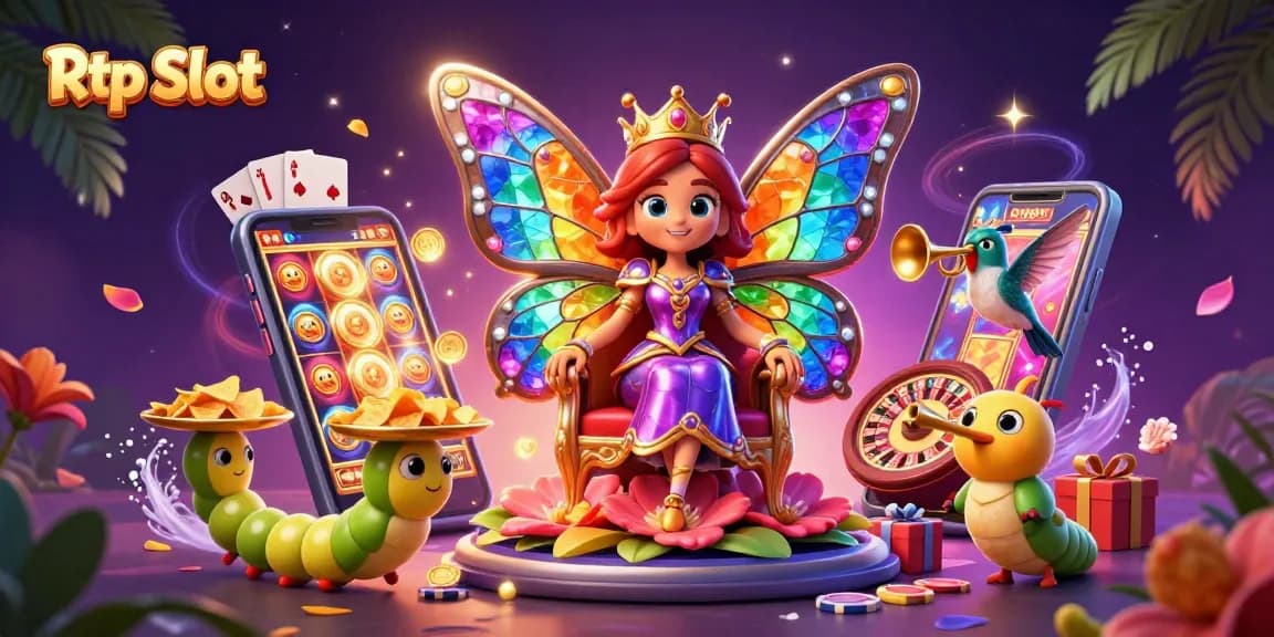Engage with Rtp Slot's vibrant scene featuring a butterfly queen amidst colorful gaming elements.