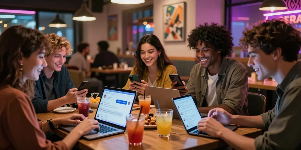 Engaged friends exploring ai chat nsfw technology in a vibrant café setting, showcasing modern social interaction.