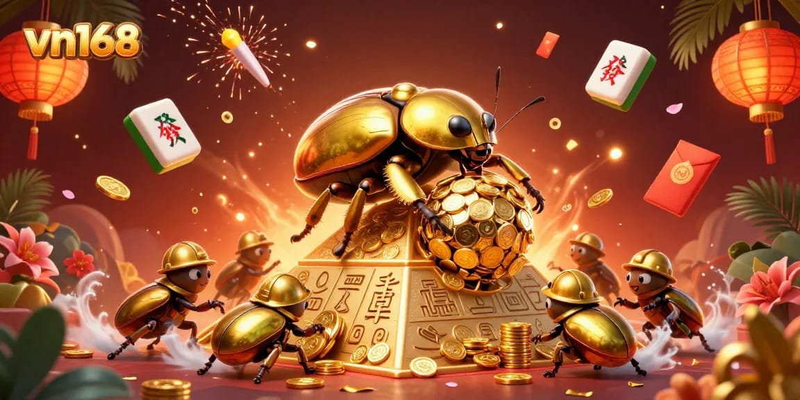 Engage in exciting games at vn168, featuring a vibrant 3D scene with golden beetles and casino elements.