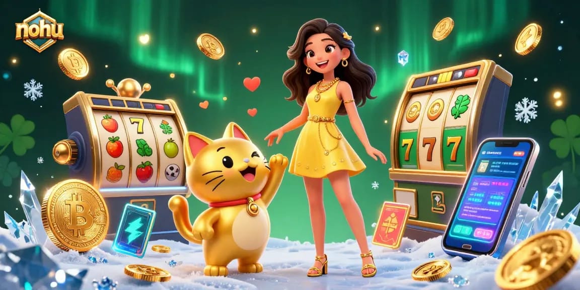 Win big with nohu as the cheerful Asian woman interacts with a lucky cat amidst floating coins and jackpot symbols.