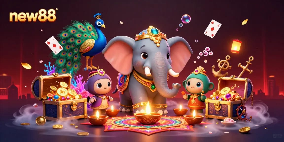 Experience thrilling gameplay with new88, surrounded by vibrant characters and rich casino elements.