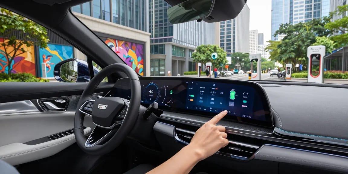 Driver adjusting modes in Cadillac Lyriq, illustrating how the driving modes in Cadillac Lyriq offer different ranges or battery usages.