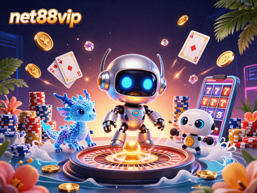 Engage with net88vip in a vibrant casino scene featuring a cyberpunk robot and AI companions