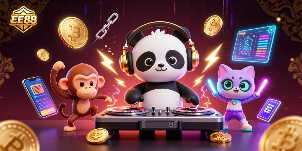 Experience excitement at EE88 with a lively casino atmosphere featuring animated characters and vibrant gambling elements.