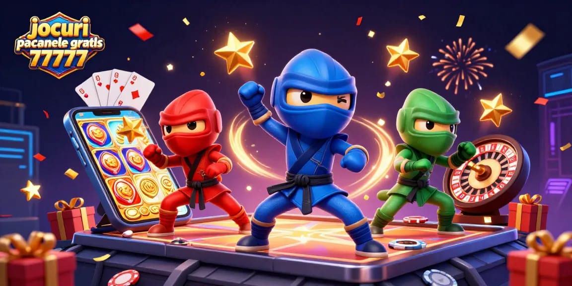 Joacă jocuri pacanele gratis 77777 cu echipa de șopârle ninja pe un fundal de cazinou vibrant.