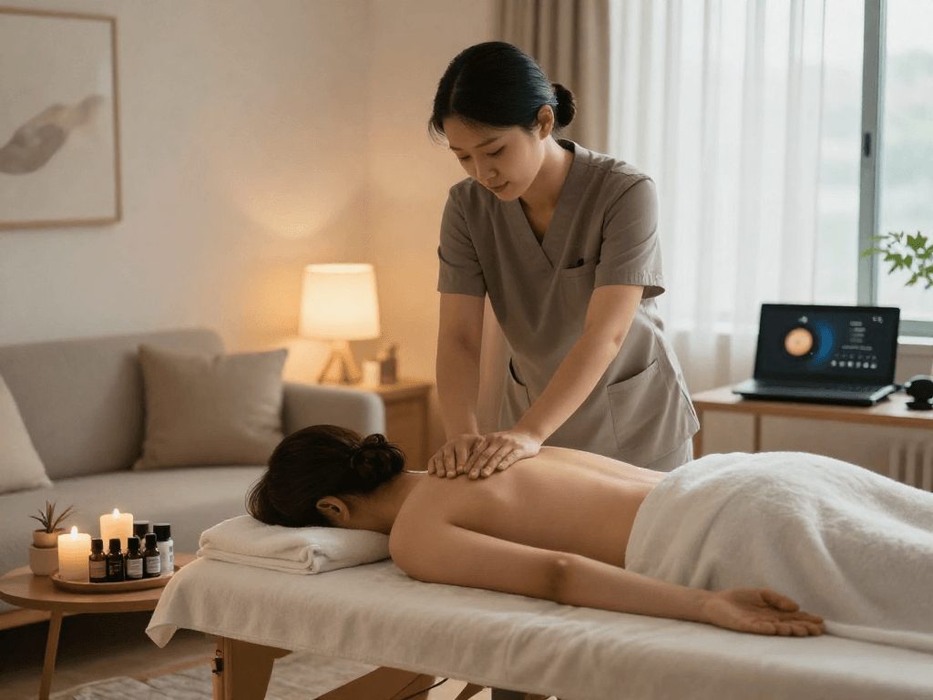 Experience a 송도출장마사지 in a serene home spa setting with soothing elements.