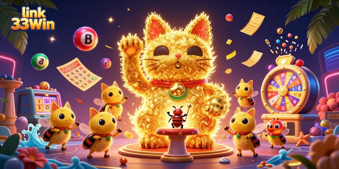 Play exciting casino games with link 33Win, featuring vibrant elements like lottery balls and a lucky cat!