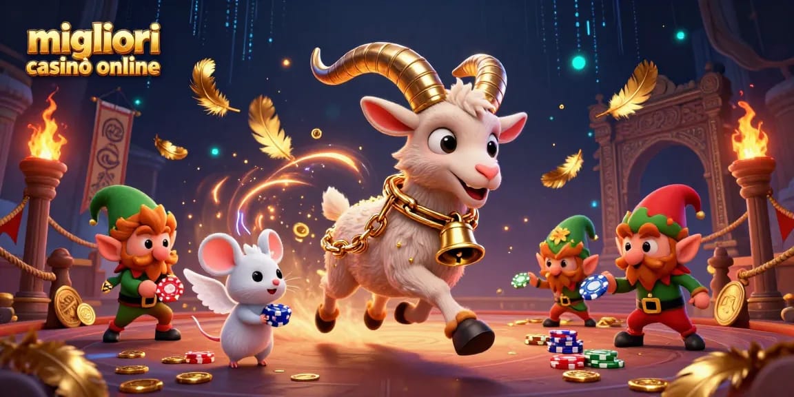 Scopri i migliori casinò online con la vivace illustrazione di Krampus, un angelo e gremlins in azione durante il gioco.