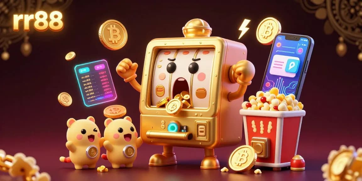 rr88 slot machine celebrates a jackpot victory as coins overflow, showcasing vibrant casino excitement.