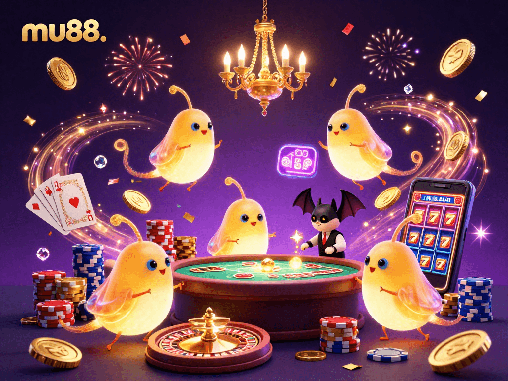 Experience mu88. with a vibrant casino scene featuring glowworms lighting up the gaming tables.