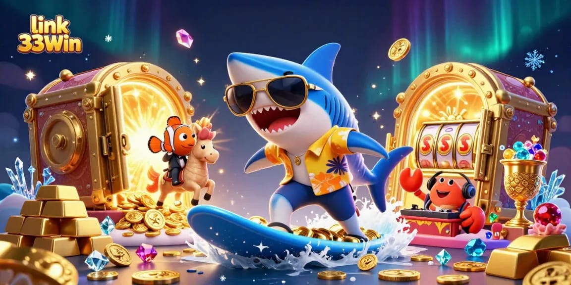 Spin and win at link 33Win, where a shark, clownfish, and DJ crab gamble with gold!
