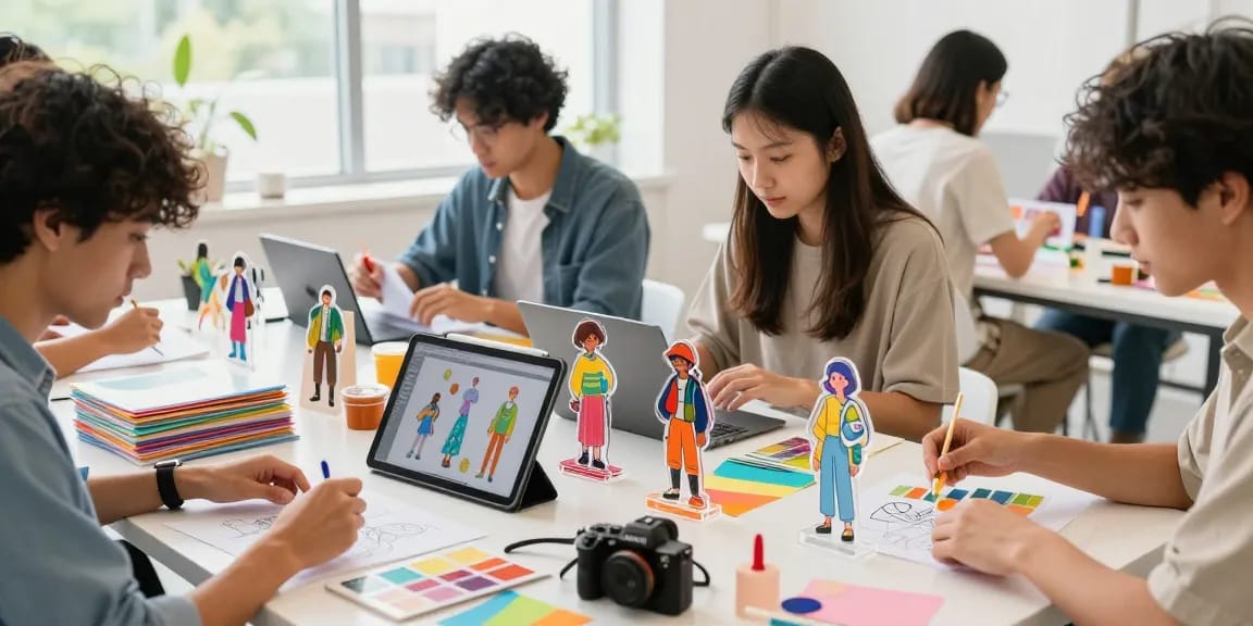 Creative team designing custom acrylic stand in vibrant workspace.