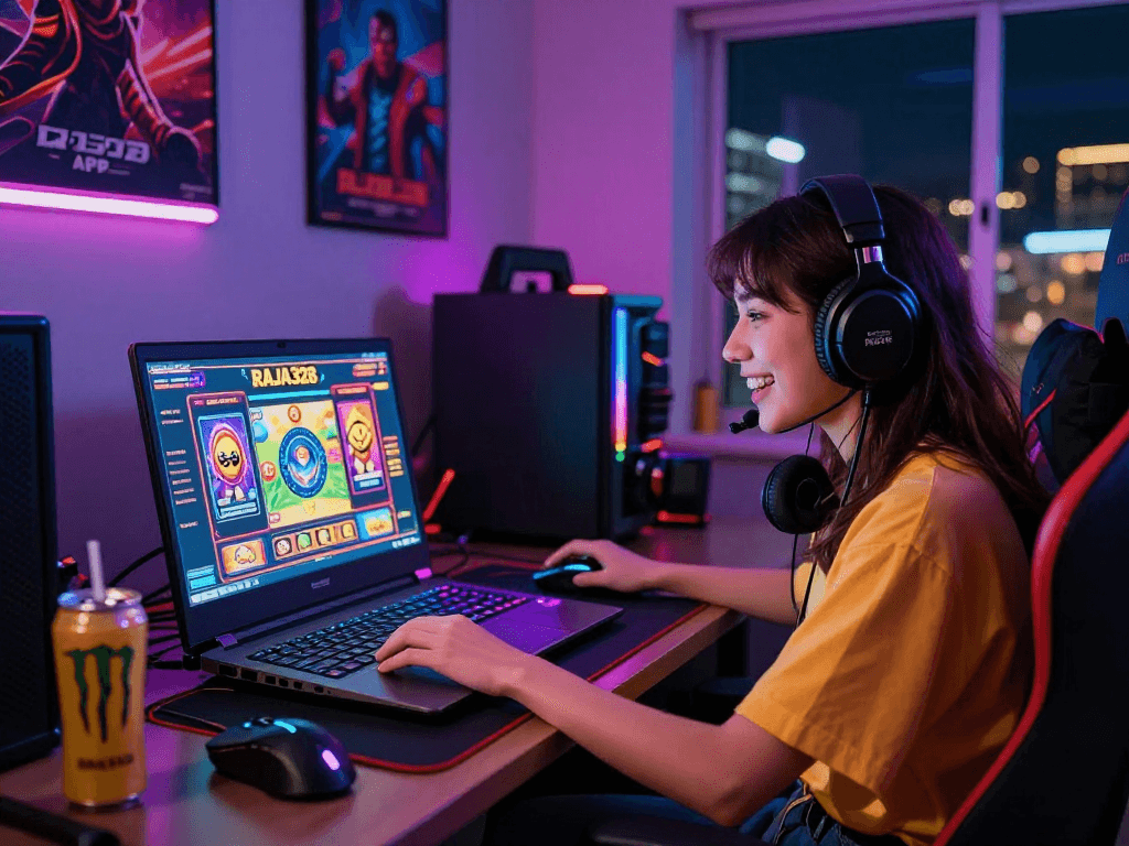 Player using raja328 apk in a vibrant gaming room with colorful decorations and accessories.