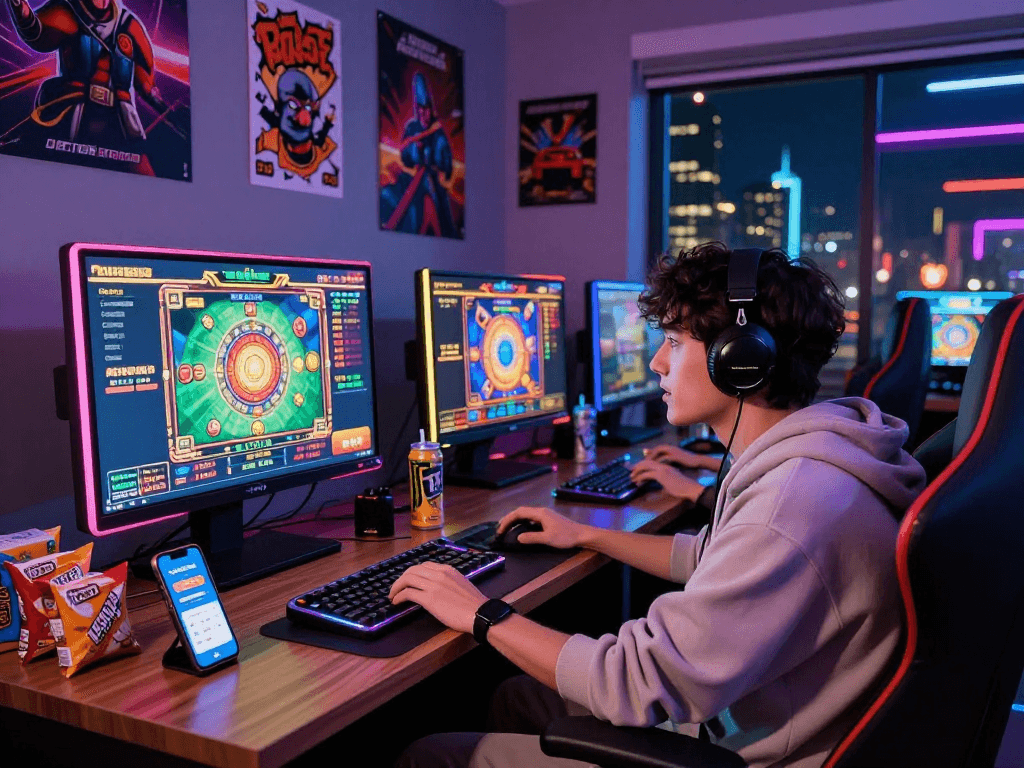 Engaged player enjoying gacor slot games on multiple screens in vibrant gaming setup.