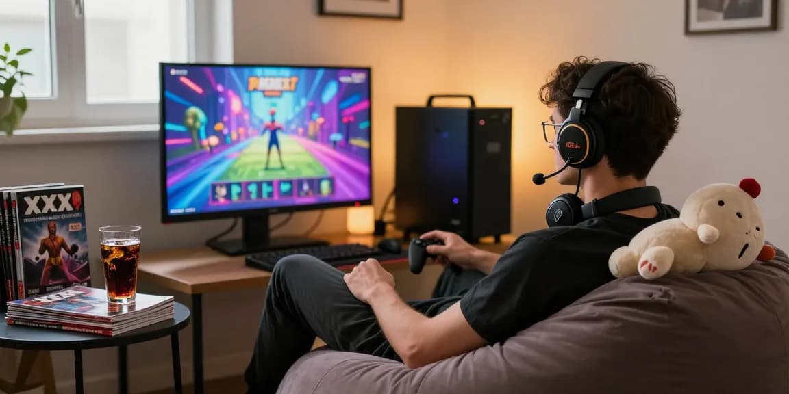 Gamer enjoying popular porn games in a cozy, well-lit room.