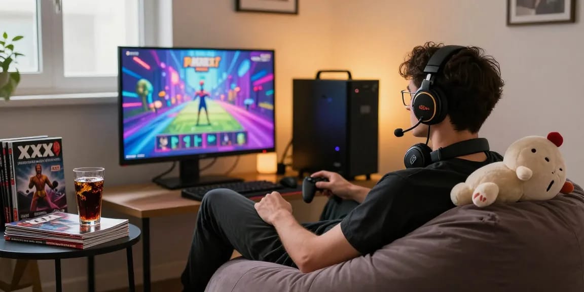 Gamer enjoying popular porn games in a cozy, well-lit room.