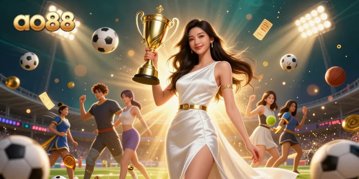 Bet on victory with ao88 featuring an elegant woman lifting a golden trophy amidst sports betting excitement.
