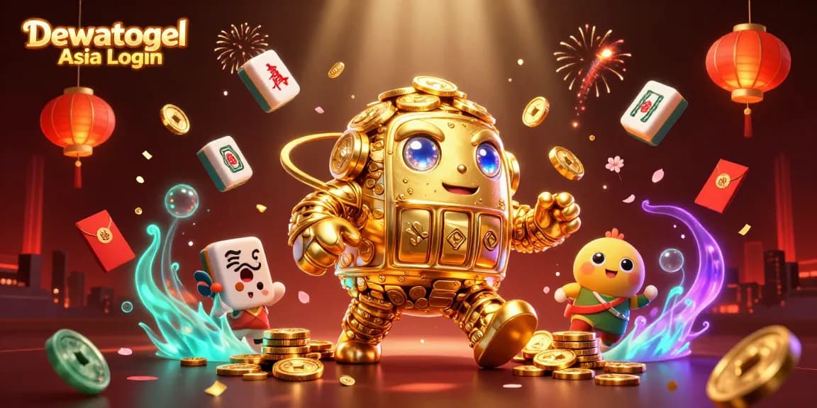 Dewatogel Asia Login showcases a vibrant, packed scene filled with golden golem, slot symbols, and festive decorations.