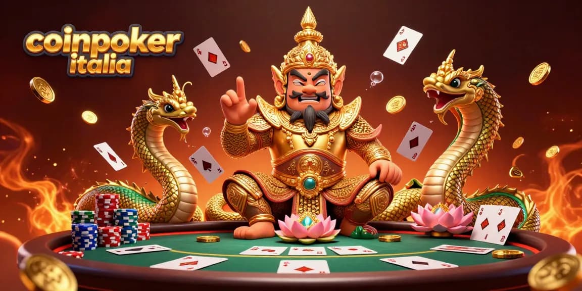 Unisciti a CoinPoker Italia e gioca a poker con carte e fiches tra guardian e serpenti dorati.
