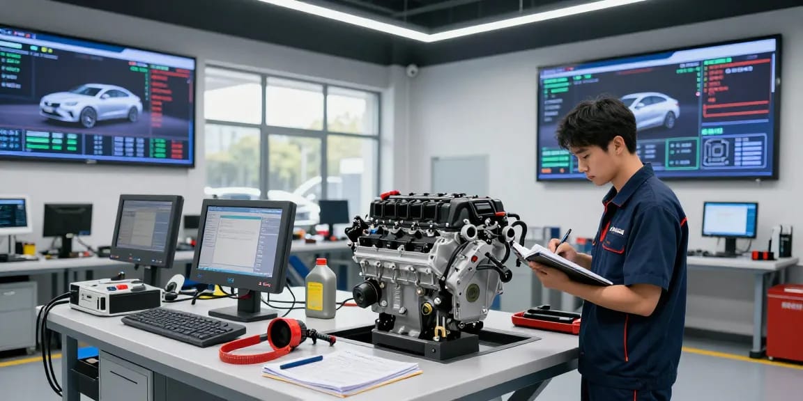 Mechanic examining NAGA2000 engine module in high-tech automotive service center, surrounded by diagnostic tools and digital displays.