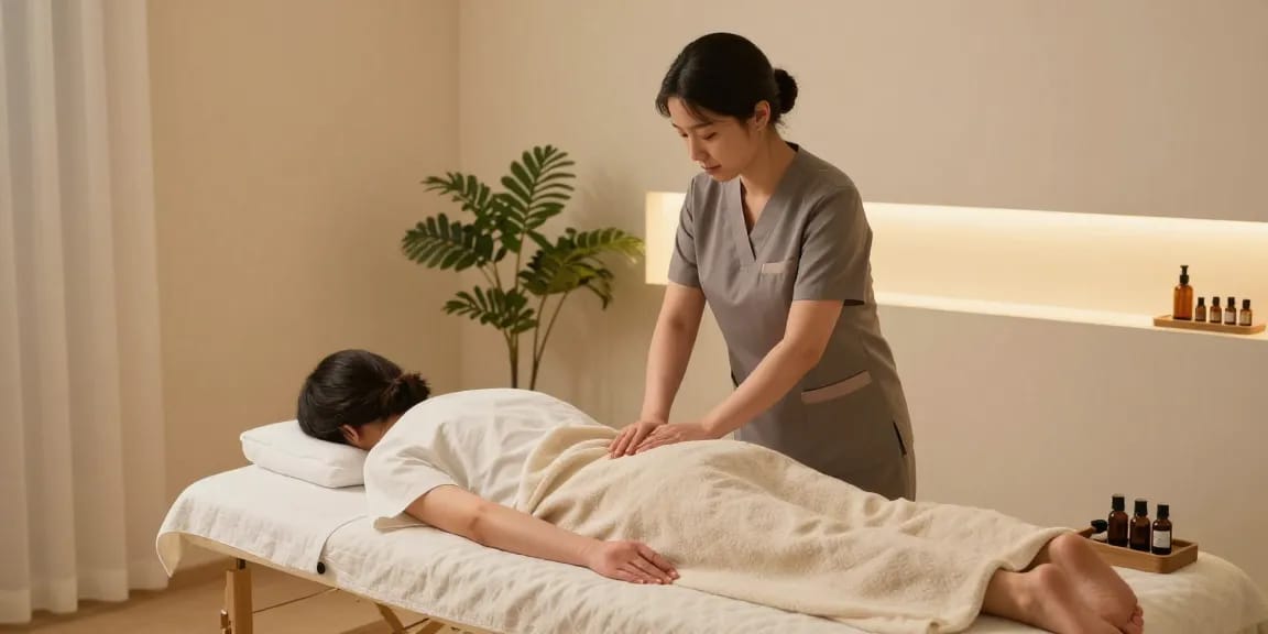 판교출장마사지 session in a calming home environment with professional therapist and essential oils.