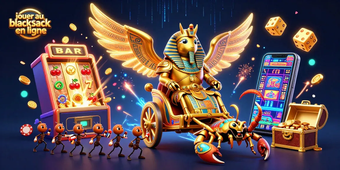 Jouer au blackjack en ligne avec un scarabée doré et des scorpions dans une illustration dynamique de casino.