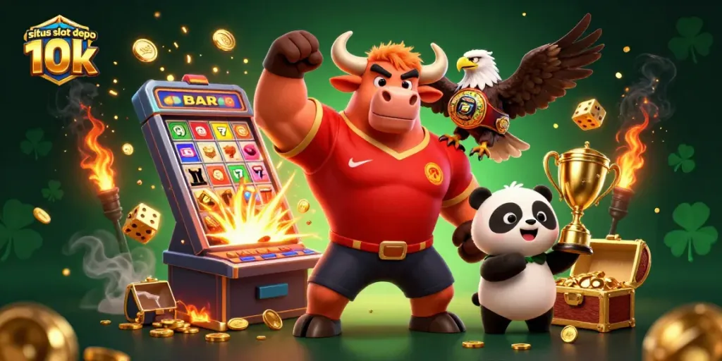 Situs slot depo 10k showcases vibrant casino excitement with characters celebrating wins amidst a jackpot explosion.