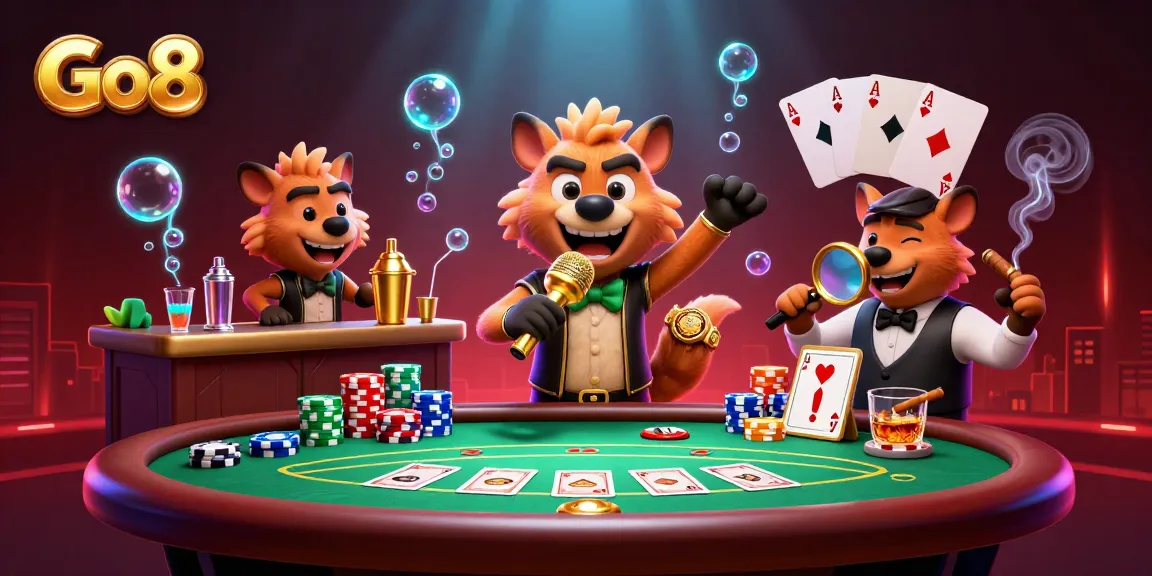 Go8 hyenas perform comedy in a vibrant casino scene with poker elements and glowing effects.