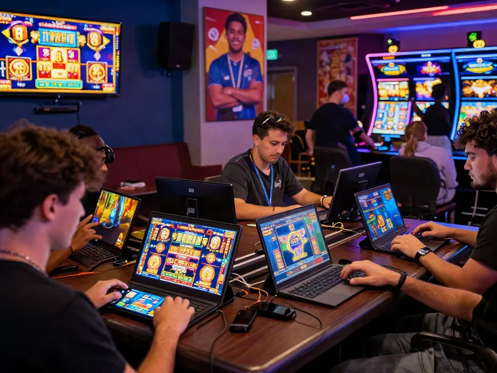 Players enjoying a variety of slot games in a lively online casino atmosphere.