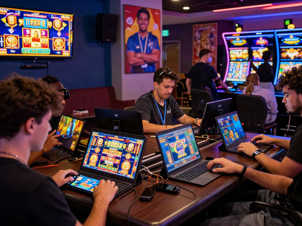 Players enjoying a variety of slot games in a lively online casino atmosphere.