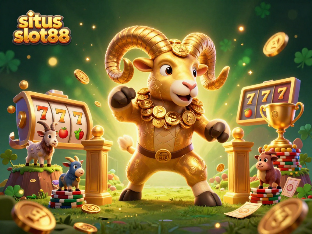 situs slot88 showcases a 3D golden ram charging through slot reels, symbolizing winning opportunities.