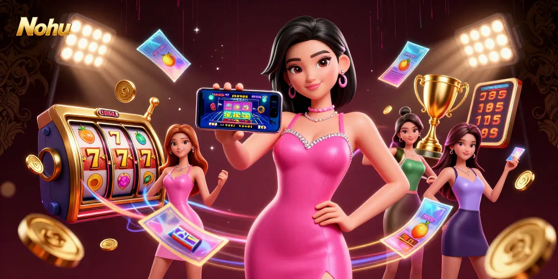 Nohu showcases a stunning Asian woman enjoying a live dealer casino game with dynamic slot elements.