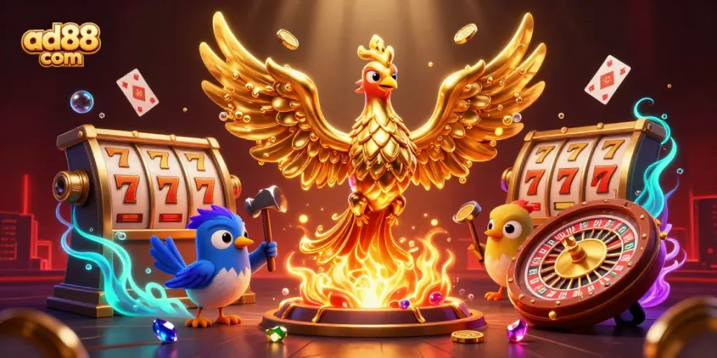 Experience thrilling gameplay at ad88 com with a vibrant 3D casino scene featuring slot reels and floating playing cards.