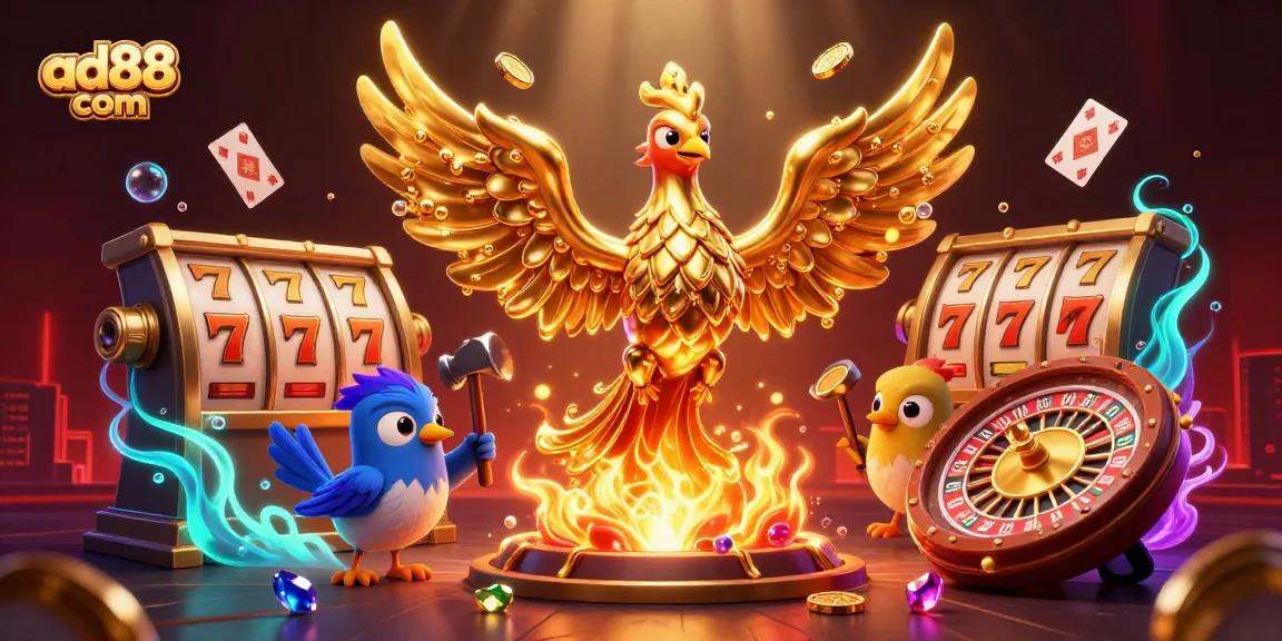 Experience thrilling gameplay at ad88 com with a vibrant 3D casino scene featuring slot reels and floating playing cards.