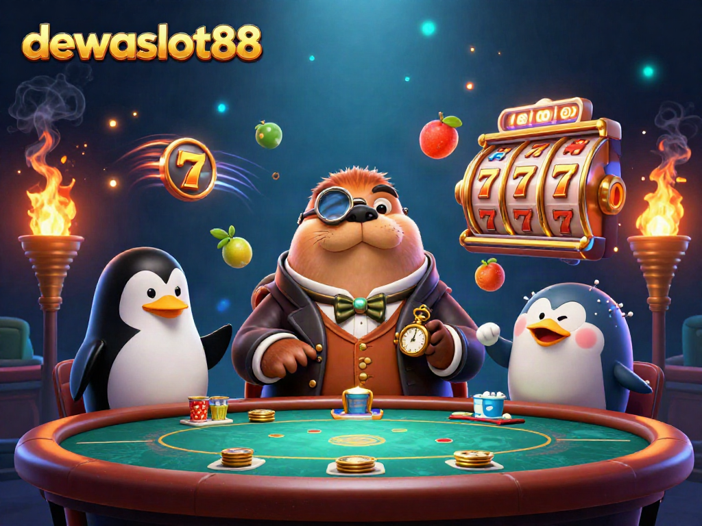 Gambaran Dewaslot88 dengan walrus jolly dan dealer penguin di meja poker bawah laut