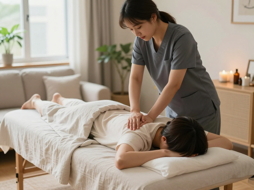 신촌출장안마 service in a tranquil home setting with a professional massage therapist providing relaxation therapy.