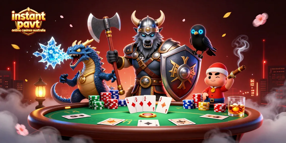 Experience fast withdrawals at instant payout online casinos Australia, illustrated with card games and vibrant characters.