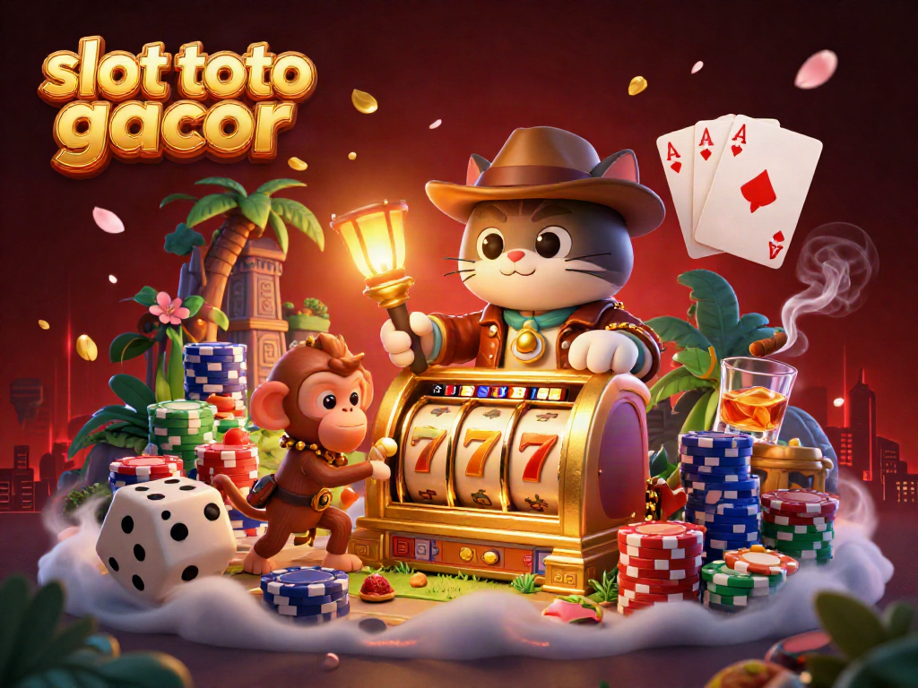 Winning on slot toto gacor with an adventurous cat and monkey in a dynamic casino setting.