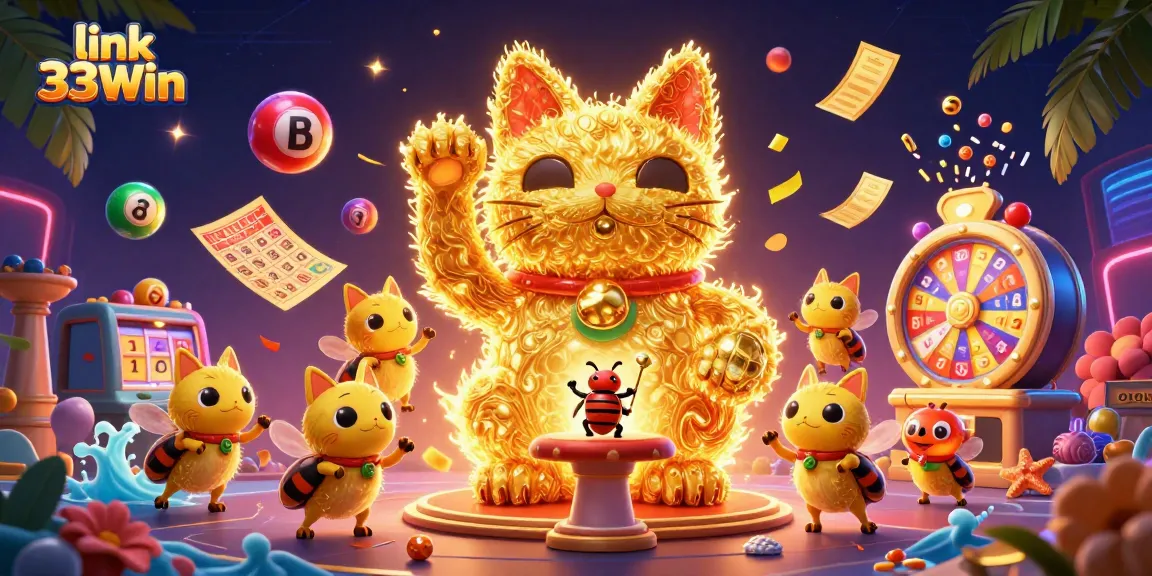 Play exciting casino games with link 33Win, featuring vibrant elements like lottery balls and a lucky cat!