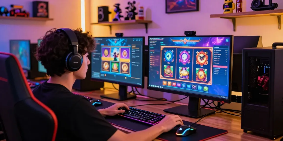 situs judi slot online terpercaya player seated at a stylish gaming setup, colorful slot games displayed on screen, showcasing an engaging gaming atmosphere.