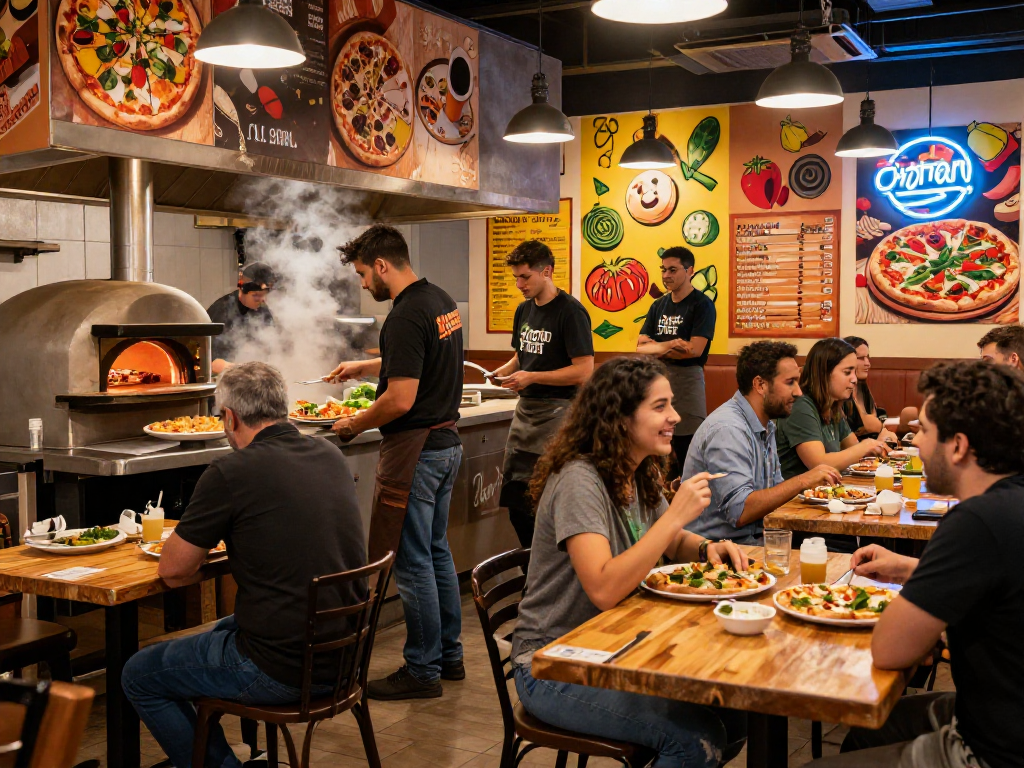 Pizza restaurant scene with staff at work preparing slot-themed meals