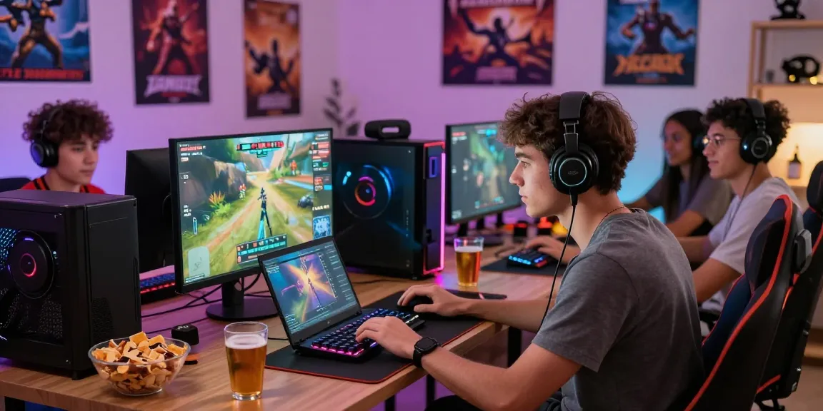 Friends gaming together at home, enjoying gaming sessions with ggsoft daftar in a vibrant setup.