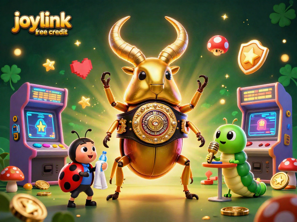 Win with joylink free credit, featuring 3D characters and vibrant gaming elements in a packed casino scene.