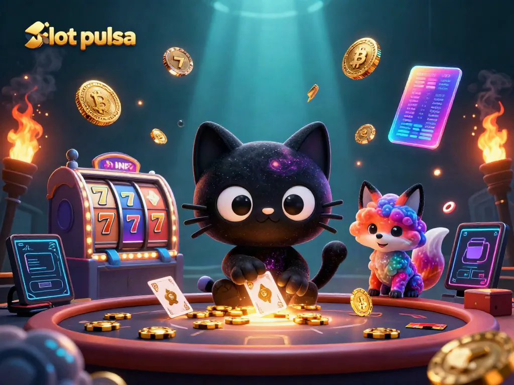 Menangkan permainan slot pulsa dengan kucing hitam galaksi dan teman rubah nebula yang mengelilingi meja kasino.