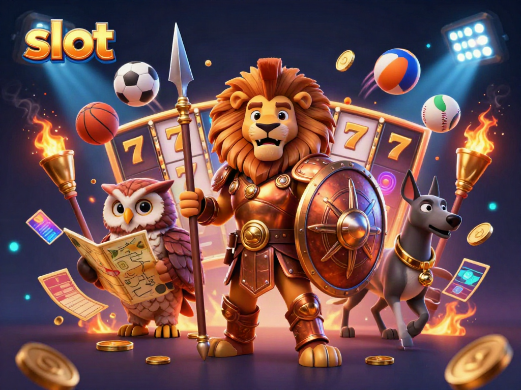 Experience thrilling slots with a heroic Spartan lion and gold coins in dynamic casino scene.